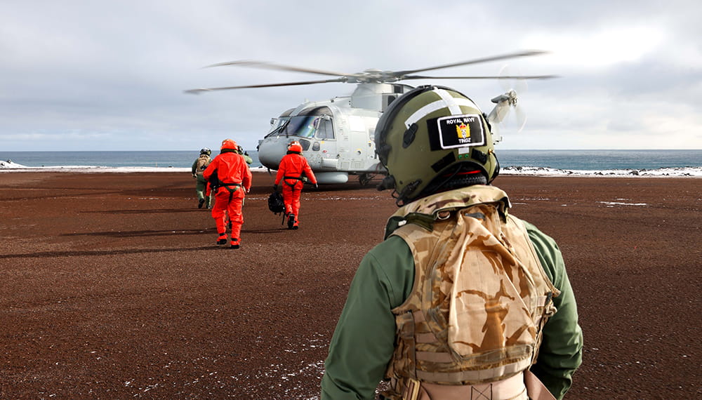royal-navy-careers-fleet-air-arm-02 HMS Prince of Wales visiting the remote Norwegian Island of Jan Mayen. Our forces need to train in The Arctic and other harsh environments, so they can be rapidly deployed when needed.