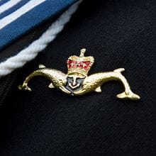 A close up image of the 'dolphins' badge on a submariners uniform, made up of two gold dolphins facing eachother