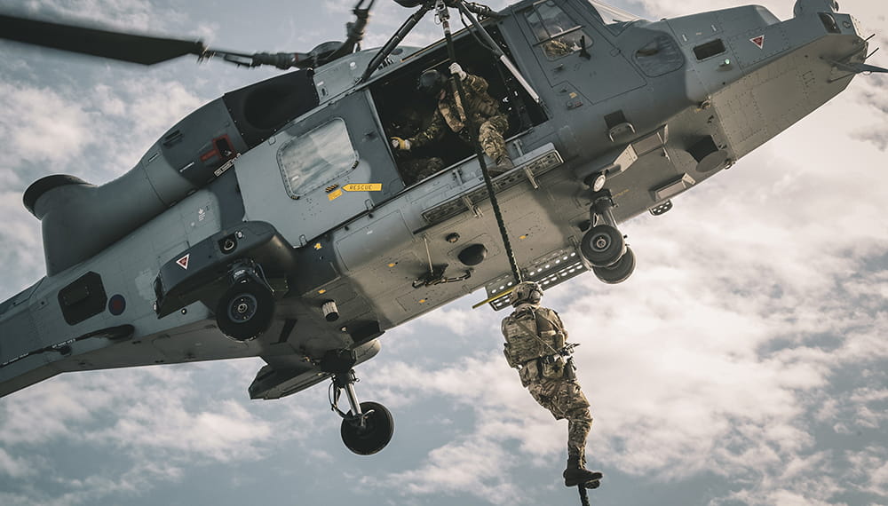 royal-navy-careers-life-in-the-royal-marines-06 On board the Amphibious Flag Ship, HMS Albion, J Coy company trained at fast rope on to the flight deck from a Wildcat helicopter whilst on exercise in Cyprus. HMS Albion leads UK tasks groups for three-month med deployment.