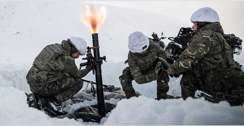 Three Royal Marines in the snow firing a mortar rocket.