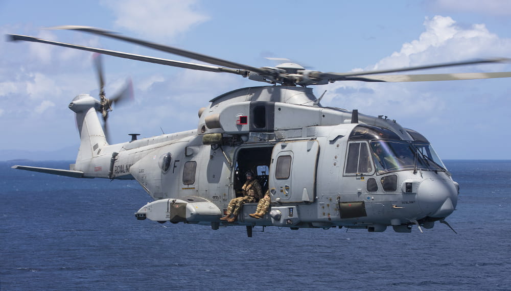 A Merlin helicopter from 845 Commando Helicopter Force in flight over The British Virgin Islands. The Atlantic Patrol Tasking has arrived in The British Virgin Islands to reassure them that they will be looked after in this year’s hurricane season.