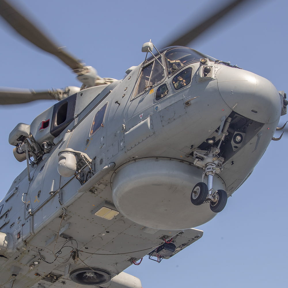 Merlin helicopter flies overhead
