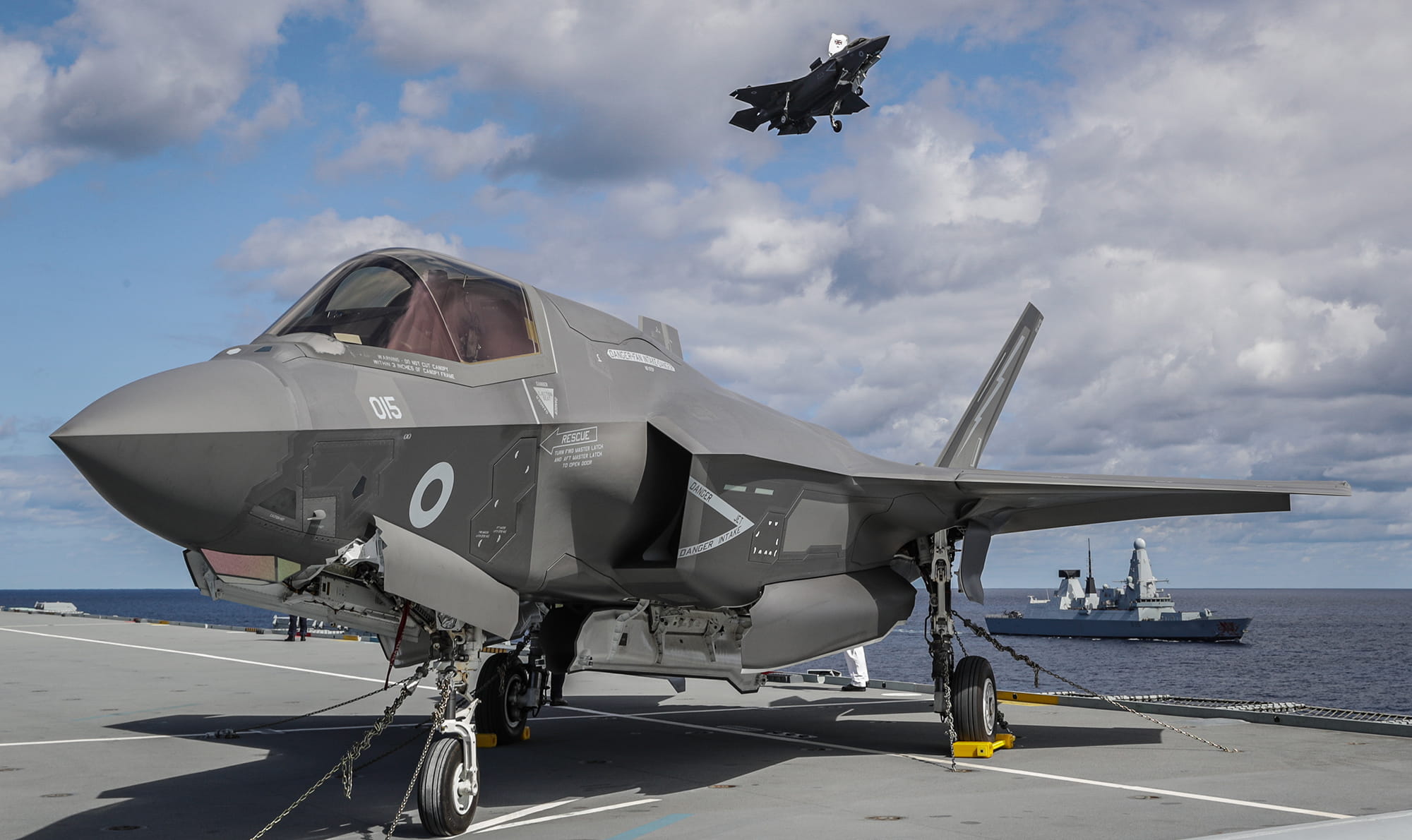 F-35 Lightning tied down on deck of HMS Queen Elizabeth