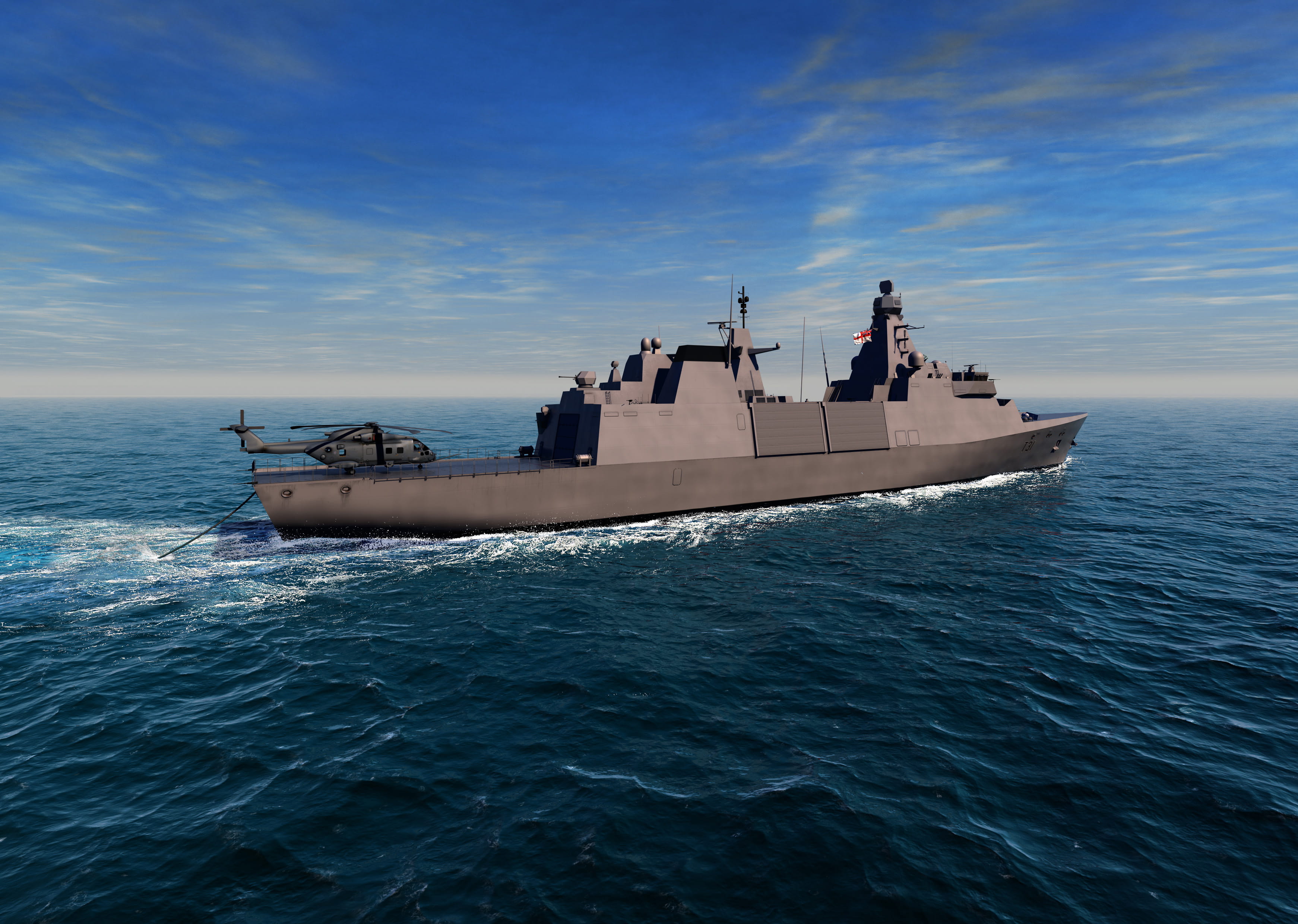 Inspiration class frigate with a helicopter on its dock sails through the see