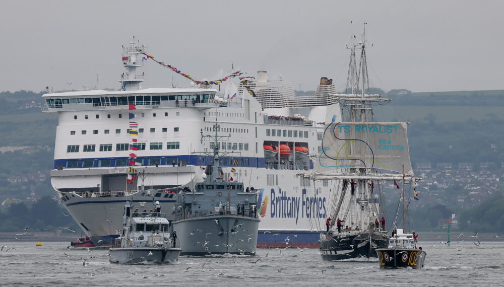 An image of a ferry and a few different boats and ships around it