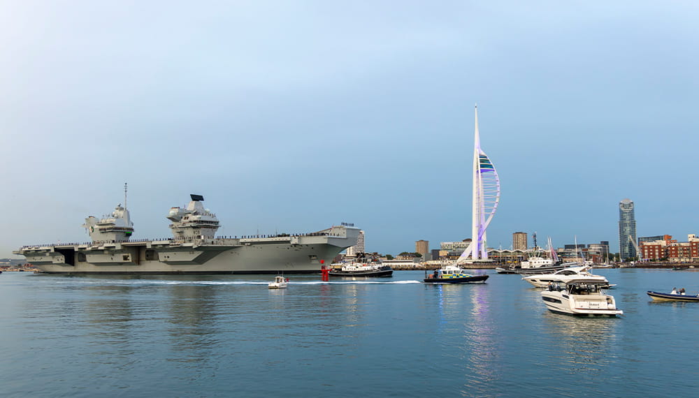 QE Aircraft carrier in Portsmouth harbour with still waters