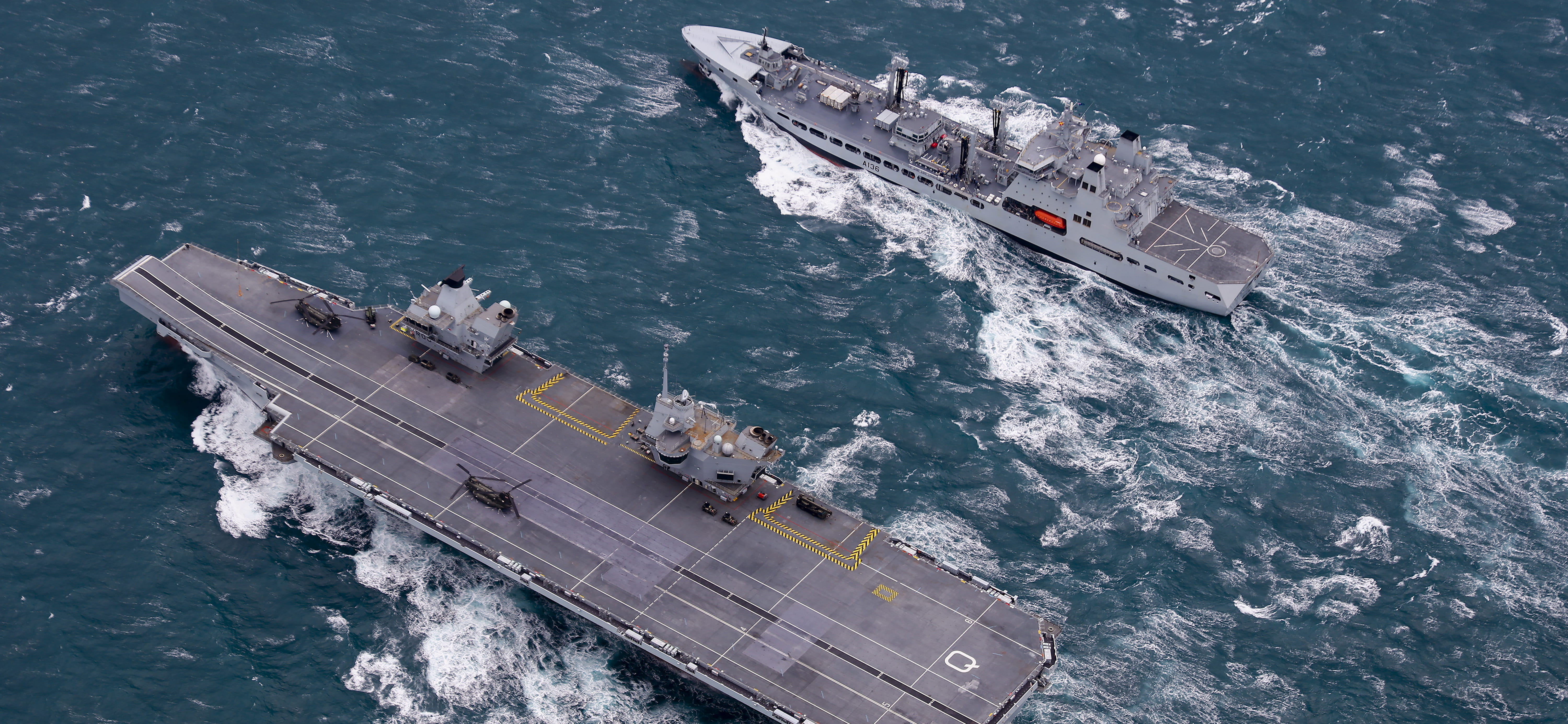 Aircraft carrier HMS Queen Elizabeth and new supply ship RFA Tidespring have met up at sea for the first time, as they prepare to conduct a Replenishment at Sea (RAS), refuelling whilst underway at sea, in what will be a first for both