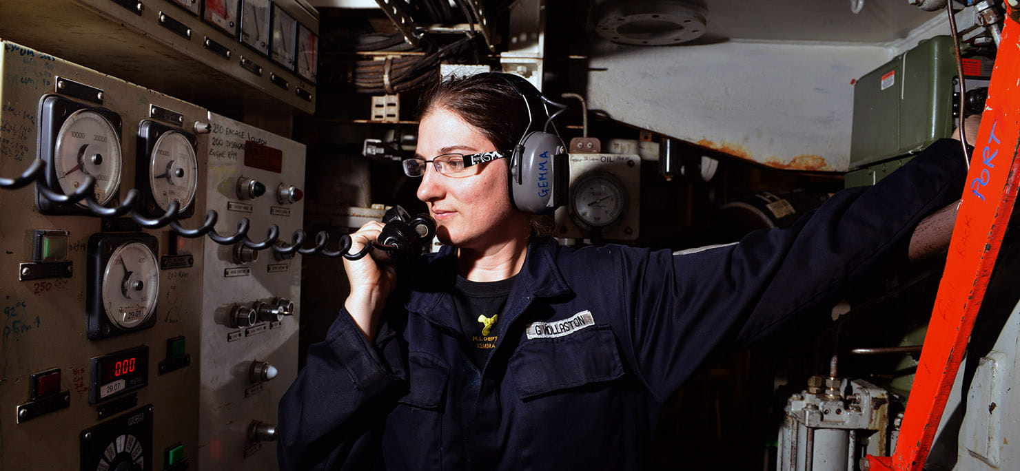 Petty Officer Marine Engineer Gemma Wollaston, working in the Engine Room onboard HMS OCEAN.
