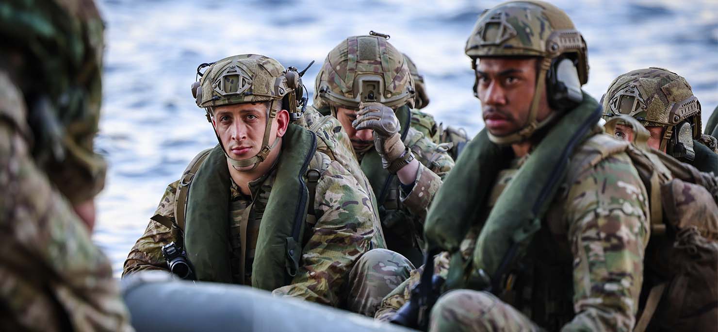 HMS Albion’s Royal Marines practice launching small boats from the ship