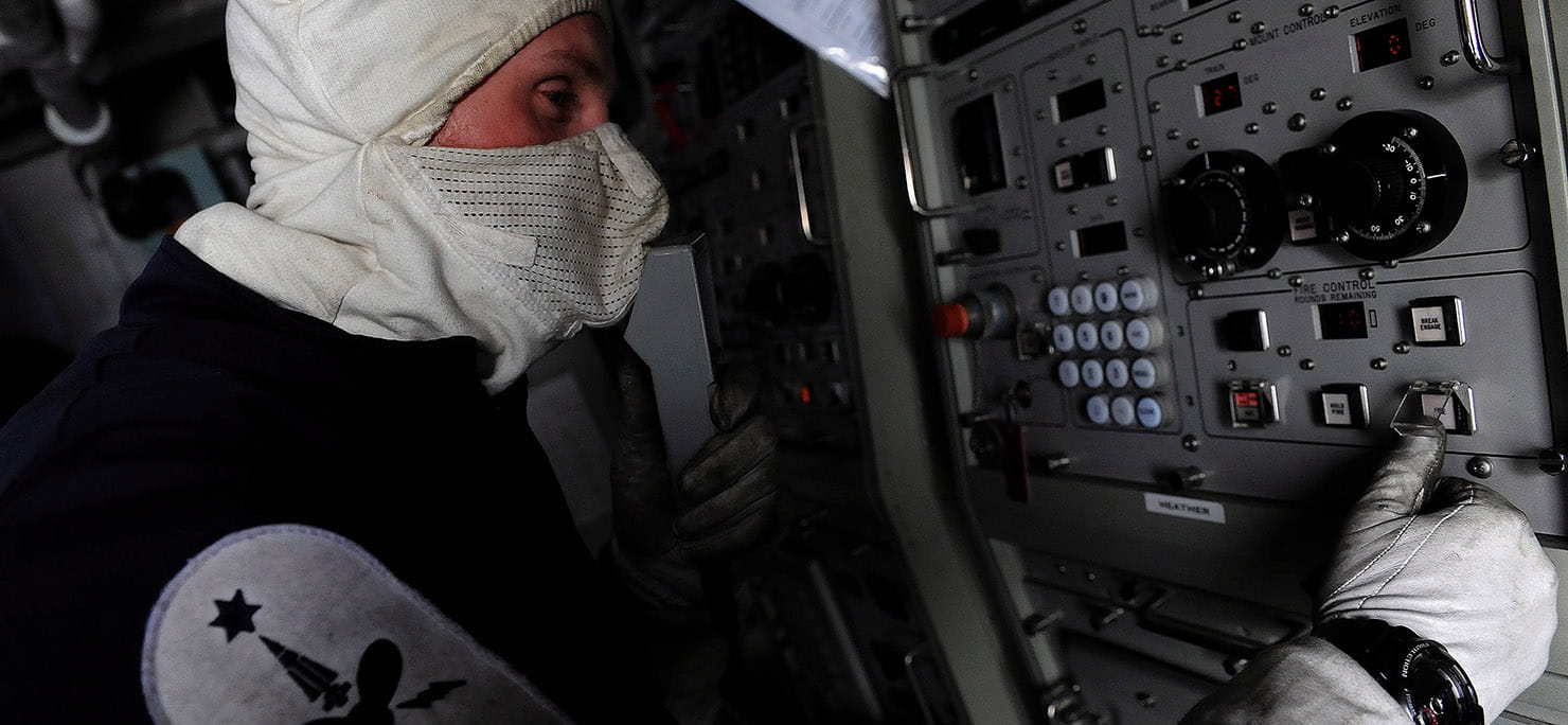 Leading Weapons Engineer Michael Sawdon works the console of the Phalanx Gun during state 1 training