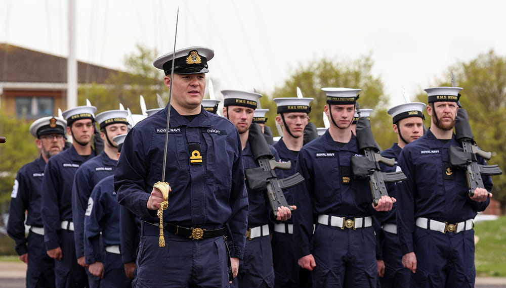 Royal Marines stand to attention in parade dress rehearsal