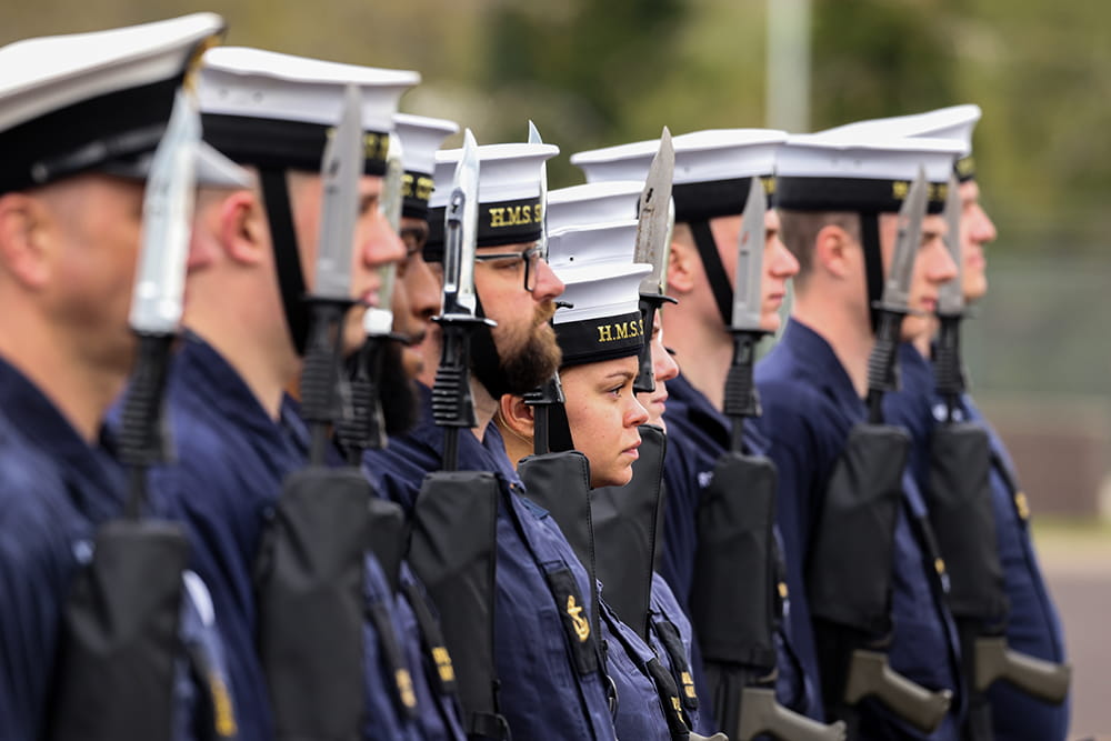 Royal Marines stand to attention in parade dress rehearsal