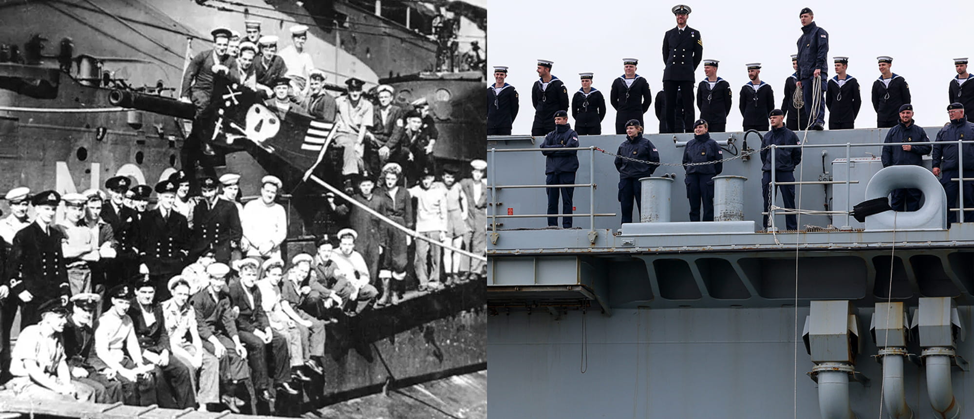 Two images side by side  - one showing a black-and-white photo shows several submariners from HMS Trusty. In the background, a service member holds a Jolly Roger flag with four white stripes. The next showing A photo in colour shows men and women service personnel of the present-day Royal Navy, on board HMS Queen Elizabeth..